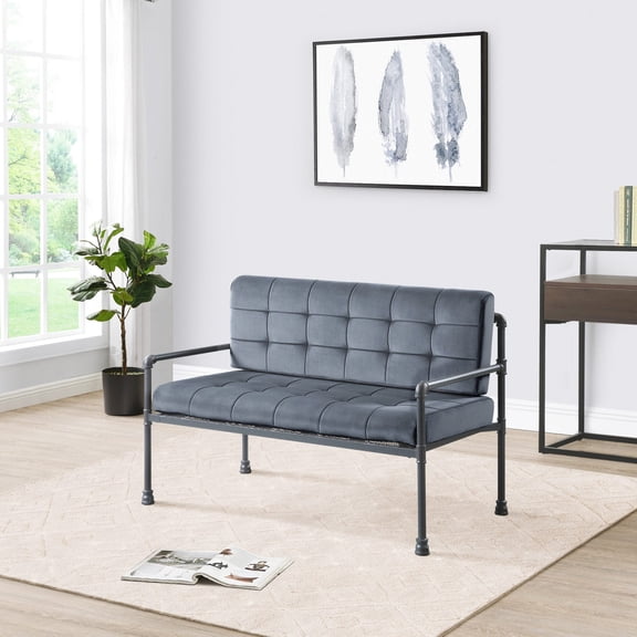 Fabric and Metal Loveseat in Grey - Customizable Back with Tufted Style - Main Living Zone - Comfortable Memory Foam Seating