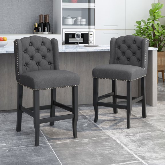 Fabric and Rubberwood 27-Inch Stools | Rivet Design Uniqueness, Wingback Practical Use | Hand-Crafted Nailhead | Ideal for Interior Decoration