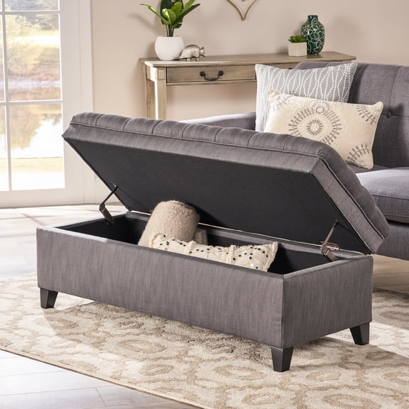 Fabric ottoman with storage function in gray - Helps organize living room and provides extra seating space