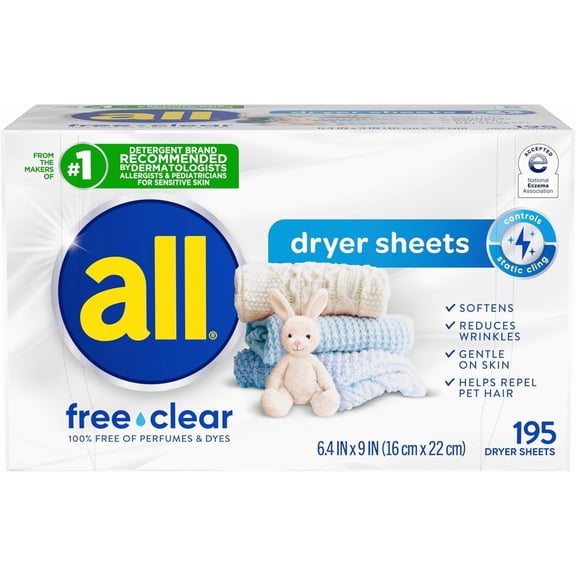 Fabric r Dryer Sheets for Sensitive Skin, Free Clear, 195 Count