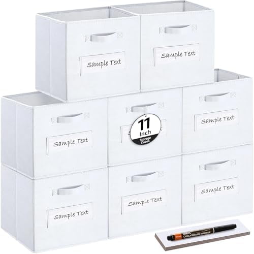 Fabric storage cubes (Set of 8) 11 Inch Cube Storage Bin, Cube storage with 8 Labels Window Cards & a Pen, Foldable cube Organizer bins,11x11 Storage bin, Cubby Organizer Boxes, White