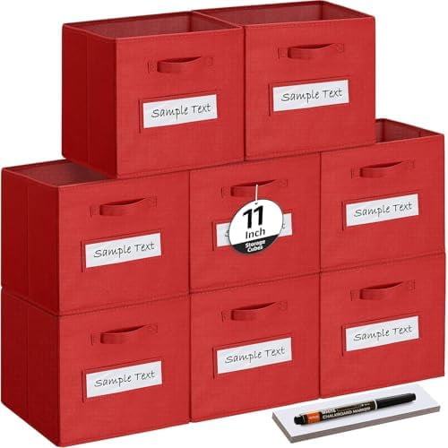 Fabric storage cubes (Set of 8) 11 Inch Cube Storage Bin, Cube storage with 8 Labels Window Cards & a Pen, Foldable cube organizer bins,11x11 Storage bin, Cubby Organizer Boxes, Red