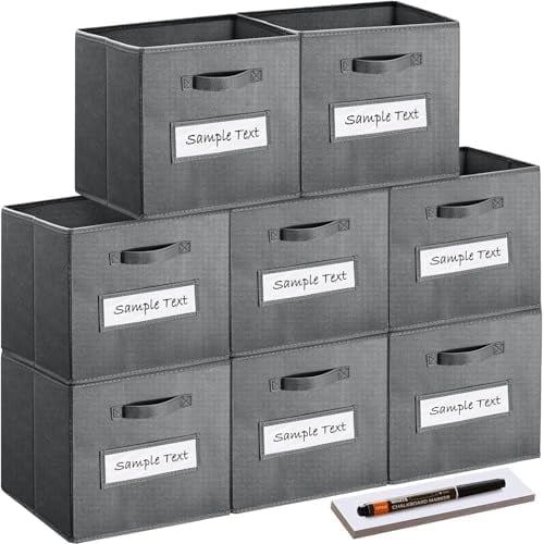Fabric storage cubes (Set of 8) 11 Inch Cube Storage Bin, cube storage with 8 Labels Window Cards & a Pen, Foldable cube organizer bins, 11x11 storage bin, Cubby Organizer bins, Gray