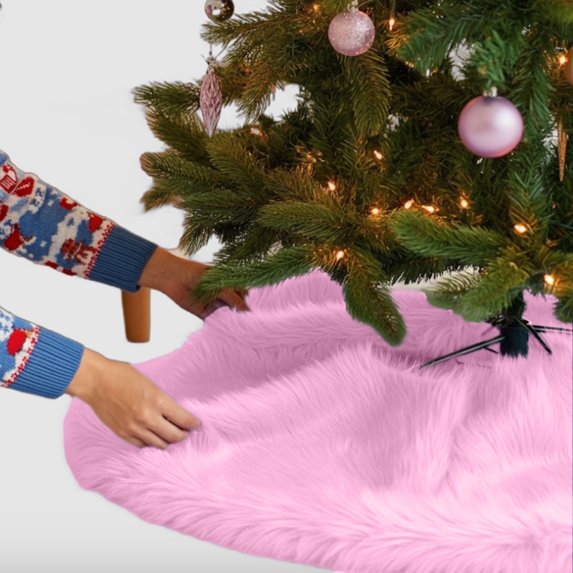 FabricLA Baby Pink Faux Fur Tree Skirt Cut - 48-Inches with Rounded Edges (No Backing) for Christmas