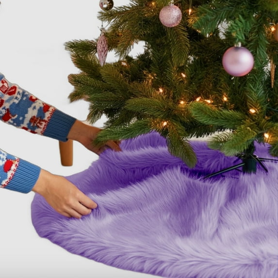 FabricLA Lavender Faux Fur Tree Skirt Cut - 36-Inches with Rounded Edges (No Backing) for Christmas