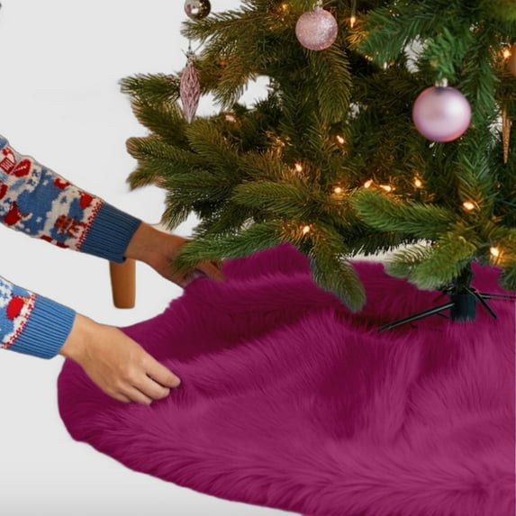 FabricLA Fuchsia Faux Fur Tree Skirt Cut - 48-Inches with Rounded Edges (No Backing) for Christmas