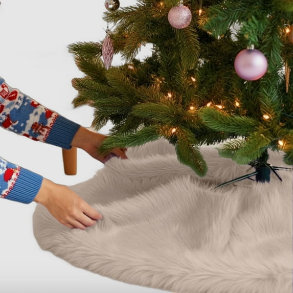 FabricLA Latte Faux Fur Tree Skirt Cut - 60-Inches with Rounded Edges (No Backing) for Christmas