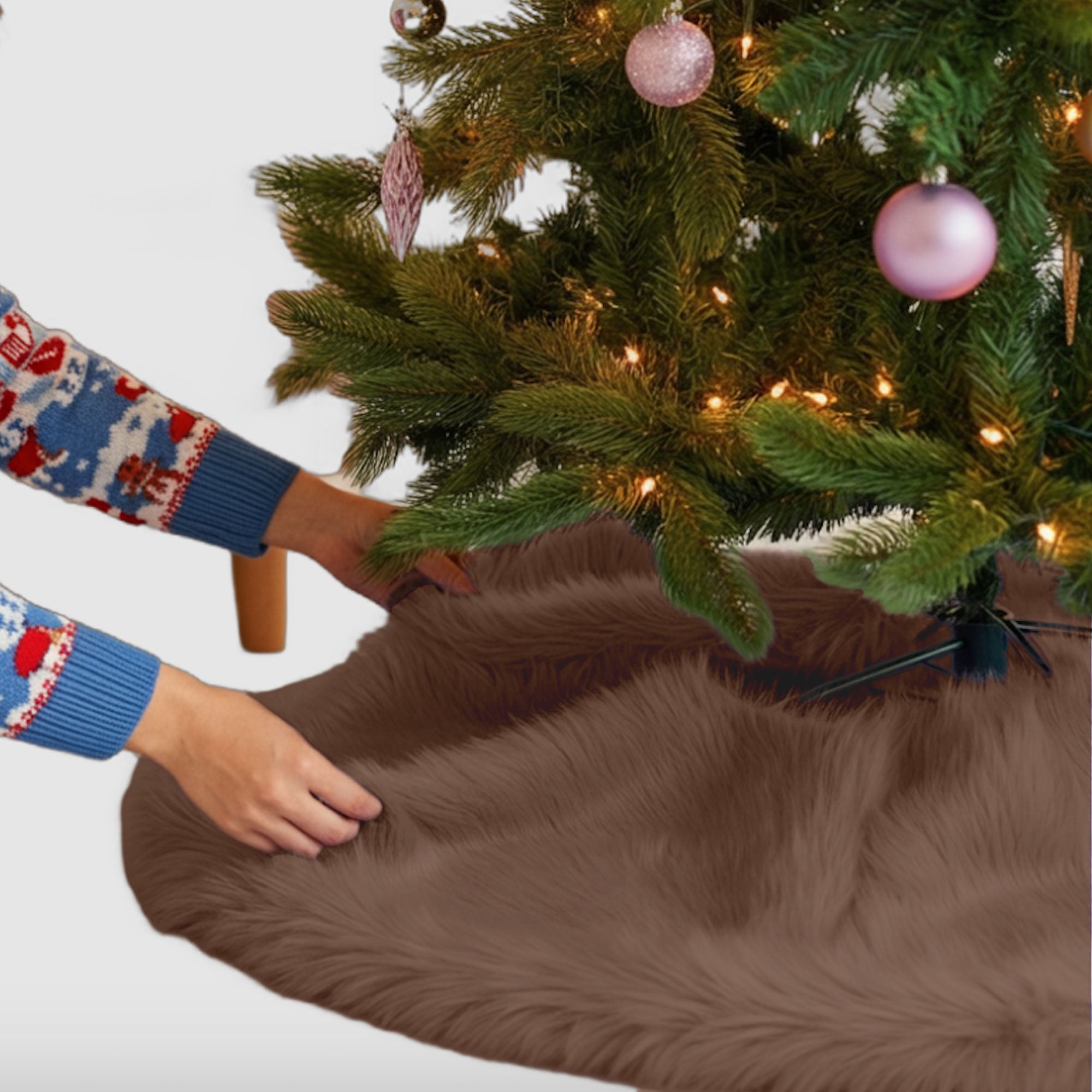 Luxurious Light Brown Faux Fur Christmas Tree Skirt, 60" Diameter