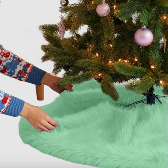 FabricLA Mint Faux Fur Tree Skirt Cut - 48-Inches with Rounded Edges (No Backing) for Christmas