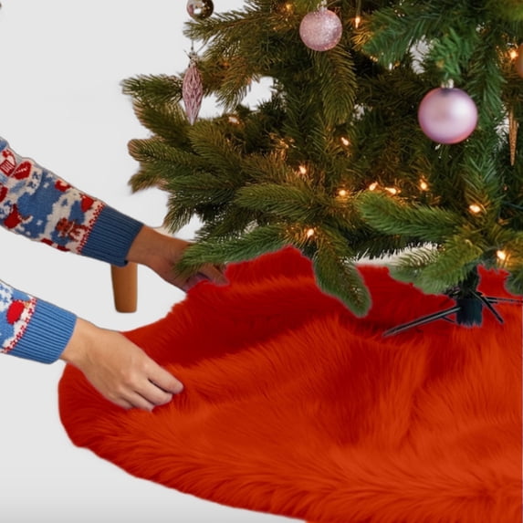 FabricLA Orange Faux Fur Tree Skirt Cut - 36-Inches with Rounded Edges (No Backing) for Christmas