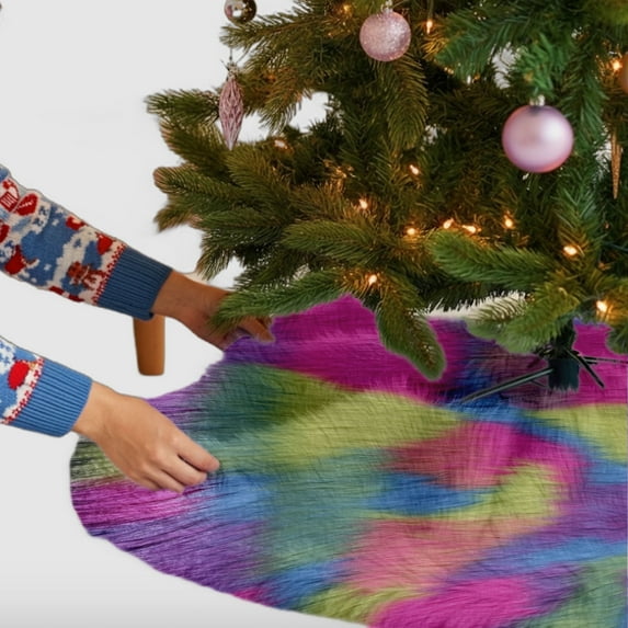 FabricLA Pastel Patch Faux Fur Tree Skirt Cut - 30-Inches with Rounded Edges (No Backing) for Christmas