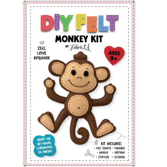 FabricLA Felt Monkey Craft Kit – Beginner Sewing Project for Ages 9 and Up | Easy DIY Felt Animal Kit & All Supplies Included