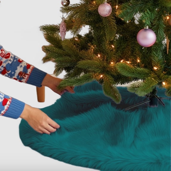FabricLA Dk Turquoise Faux Fur Tree Skirt Cut - 36 Inches with Rounded Edges (No Backing) for Holiday Decor