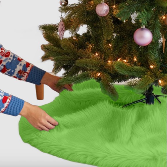 FabricLA Lime Faux Fur Tree Skirt Cut - 60-Inches with Rounded Edges (No Backing) for Christmas