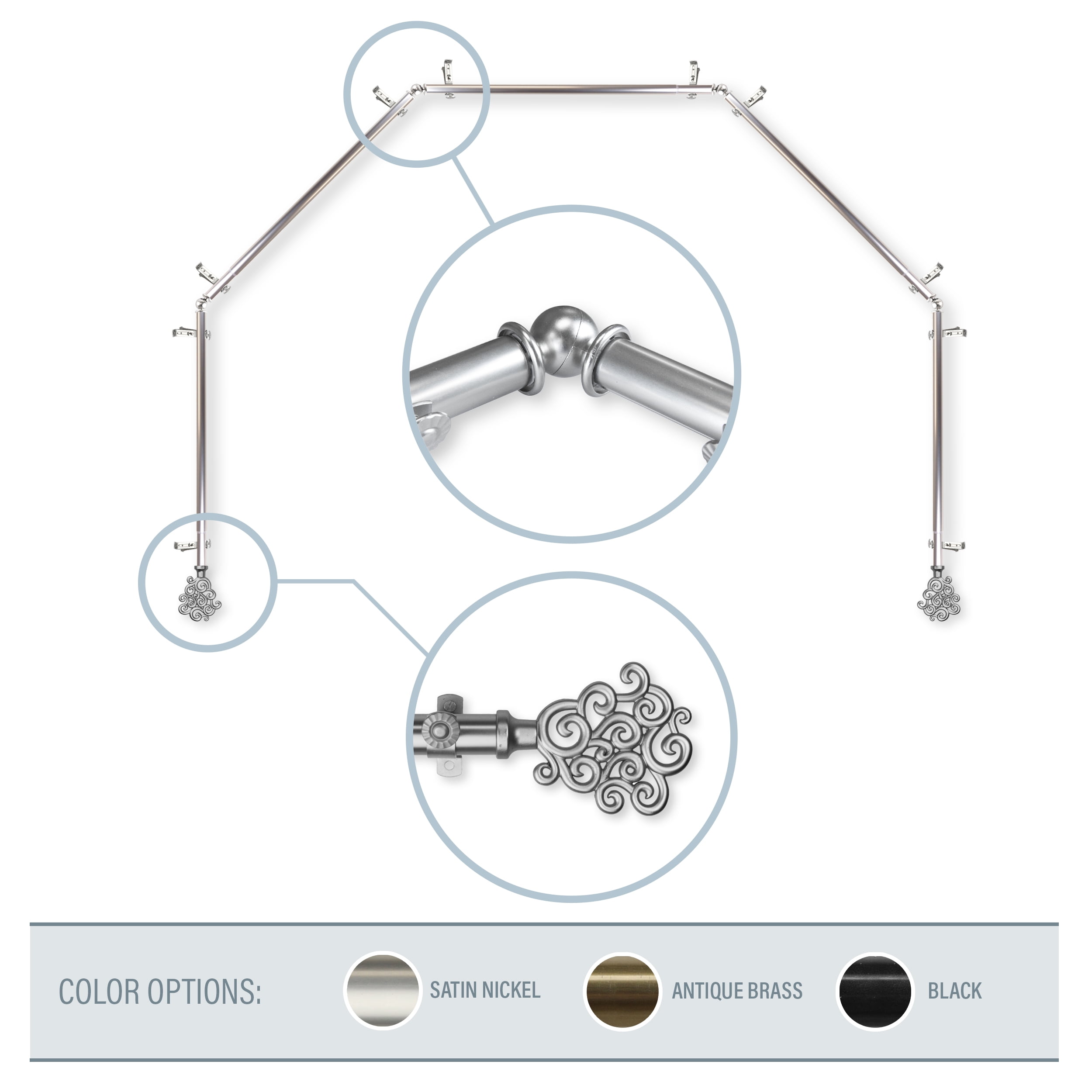 Fabritio 13/16" 5-Sided Bay Window Curtain Rod - Satin Nickel
