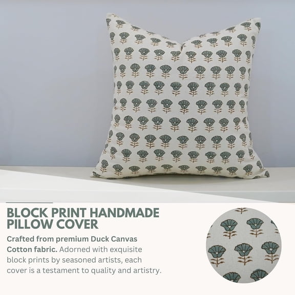 Fabritual Block Print Duck Canvas 14X14 Throw Pillowcase Cushion Cover with Zipper