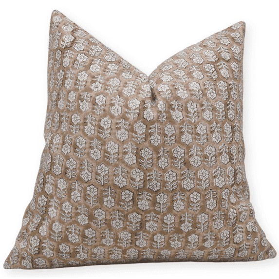 Fabritual 16x16 Block Print Duck Canvas Pillow Covers, Handmade Vintage Boho Floral Cushion Covers for Sofa, Couch & Outdoor Decor – Tulsi Buti Camel Brown