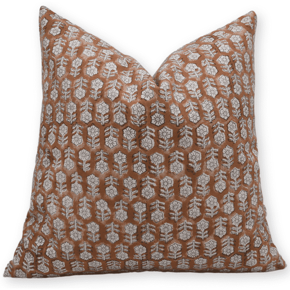 Fabritual Block Print Duck Canvas 20x20 Throw Pillow Covers, Handmade Vintage Pillow Covers For Sofa and Couch, Floral Print Outdoor Cushion Cover With Boho Home Decor (Tulsi Buti, Rust)