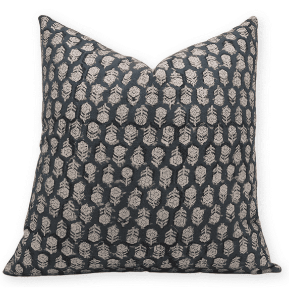 Fabritual Block Print Duck Canvas 22x22 Throw Pillow Covers, Handmade Vintage Pillow Covers For Sofa and Couch, Floral Print Outdoor Cushion Cover With Boho Home Decor (Tulsi Buti, Dark Blue)