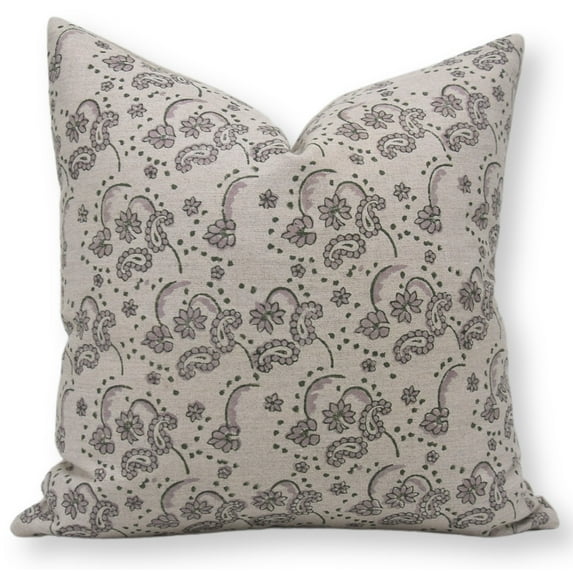 Fabritual Block Print Pure Linen 24x24 Throw Pillow Covers, Handmade Vintage Pillow Covers For Sofa and Couch, Floral Print Outdoor Cushion Cover With Boho Home Decor (Sajawat, Purple)