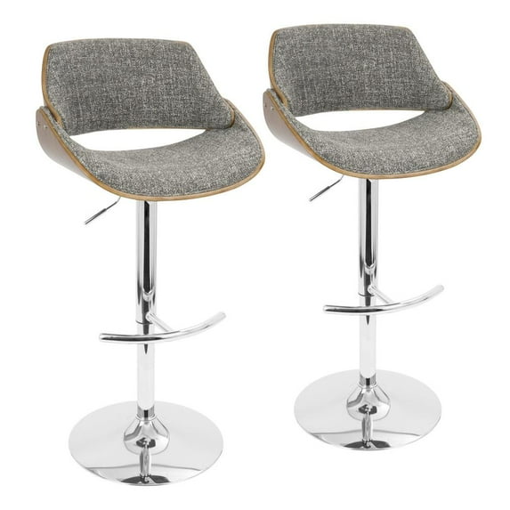 Fabrizzi Mid-Century Modern Adjustable Barstool With Swivel In Chrome, Walnut And Grey Noise Fabric - Set Of 2