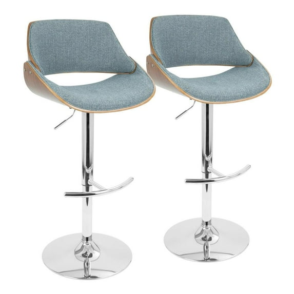 Fabrizzi Mid-Century Modern Adjustable Barstool With Swivel In Walnut And Blue Fabric - Set Of 2