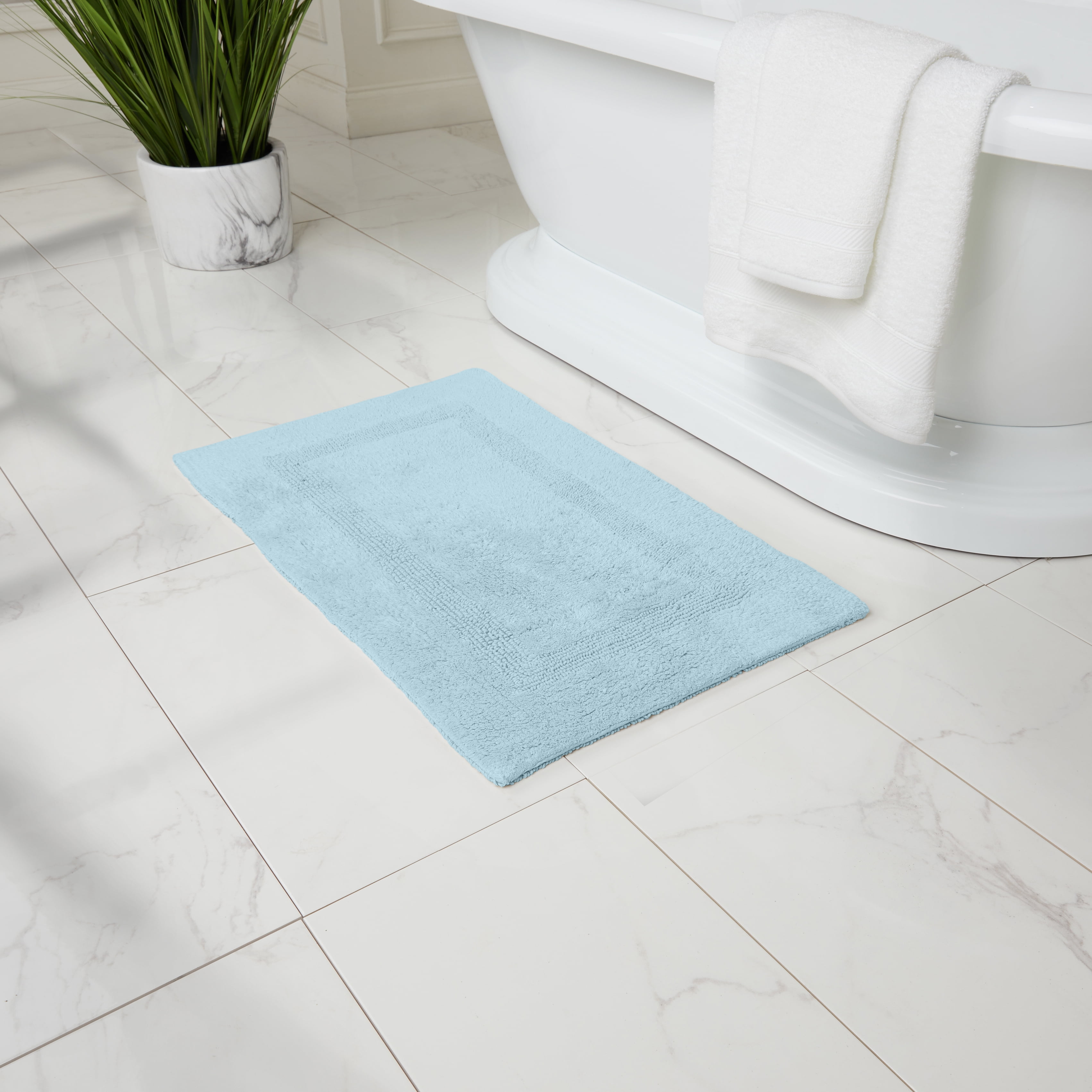 Fabstyles 100% Cotton Reversible Bath Rug 3200 GSM Soft & Absorbent Heavyweight Bath Mat, Blue, 20x32