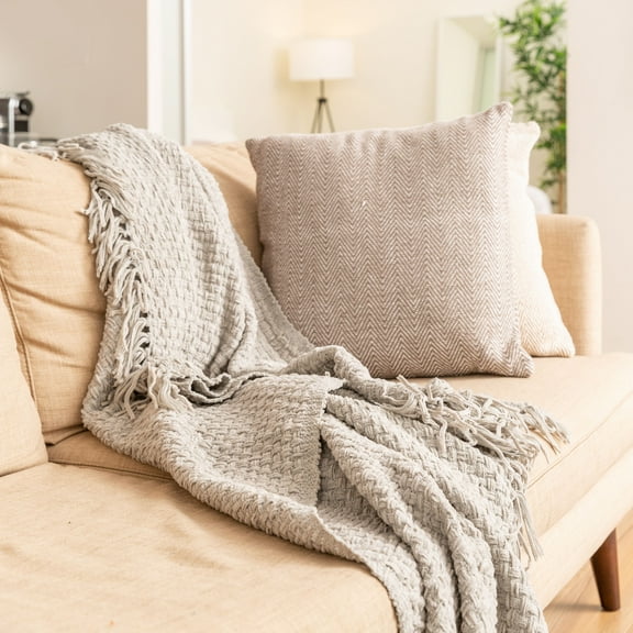Fabstyles Basketweave Polyester Throw with Fringe, Lightweight Breathable Throw Blanket