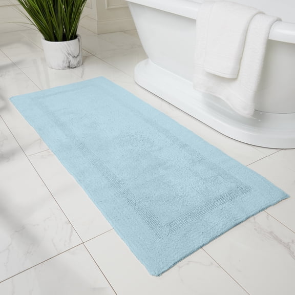 Fabstyles Border Blue Cotton Bath Rugs, 24 in x 60 in, 2 Pieces