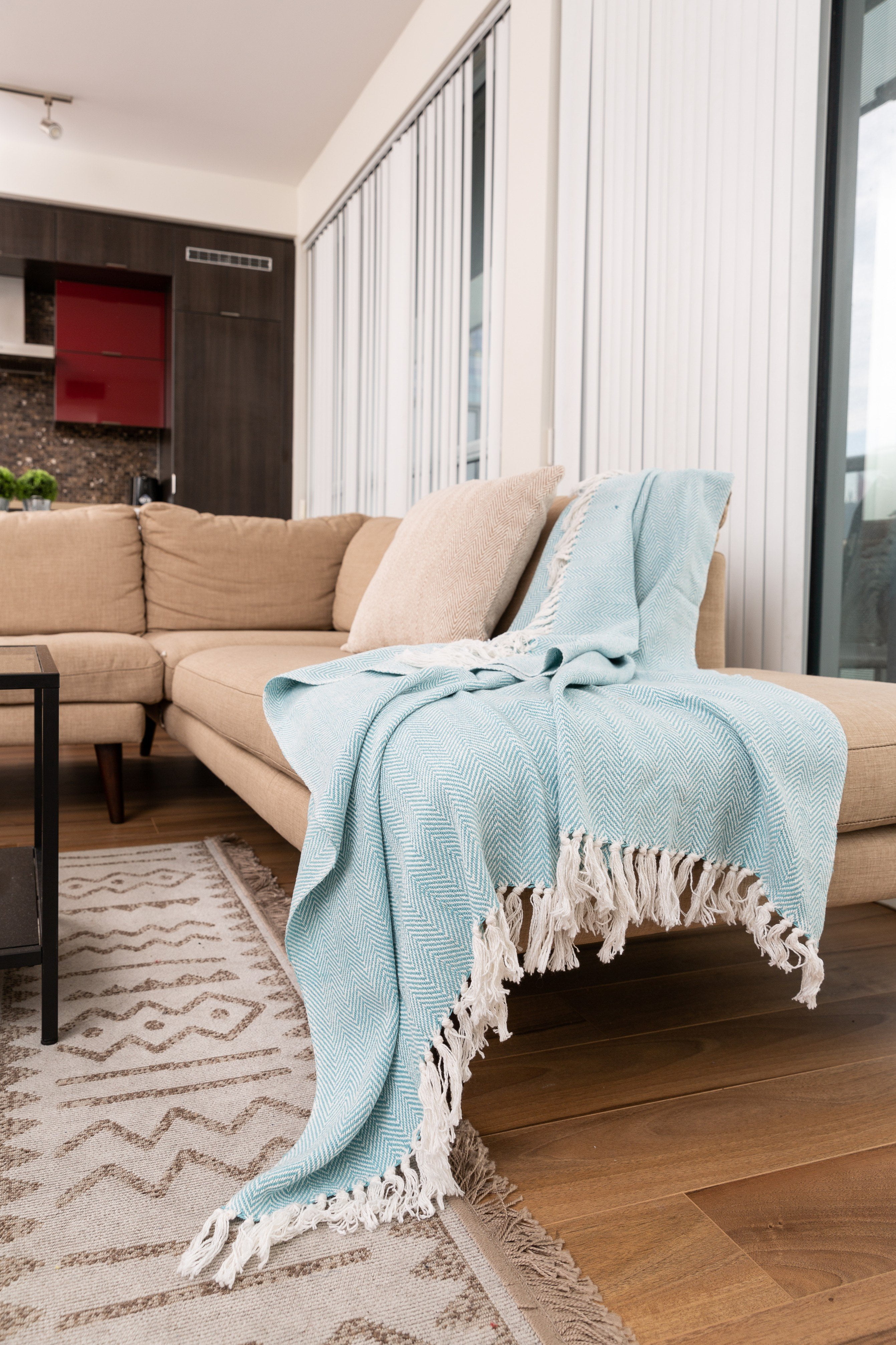 Fabstyles Herringbone Stripe Cotton Throw with Fringe, Lightweight Breathable Throw Blanket