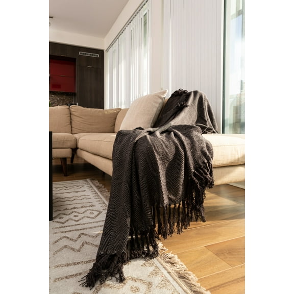 Fabstyles Herringbone Stripe Cotton Throw with Fringe, Lightweight Breathable Throw Blanket