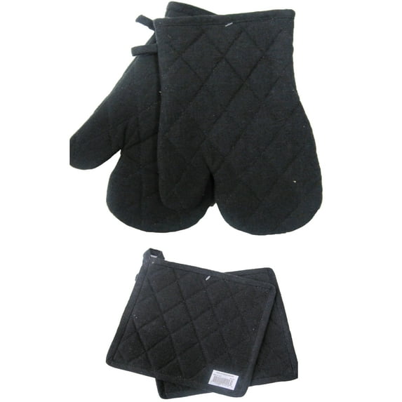 Fabstyles Solo Oven Mitt and Potholder Set of 4, 100% Cotton 2 Piece Oven Mitt and 2 Piece Potholder Heat Resistant Kitchen Linen Set