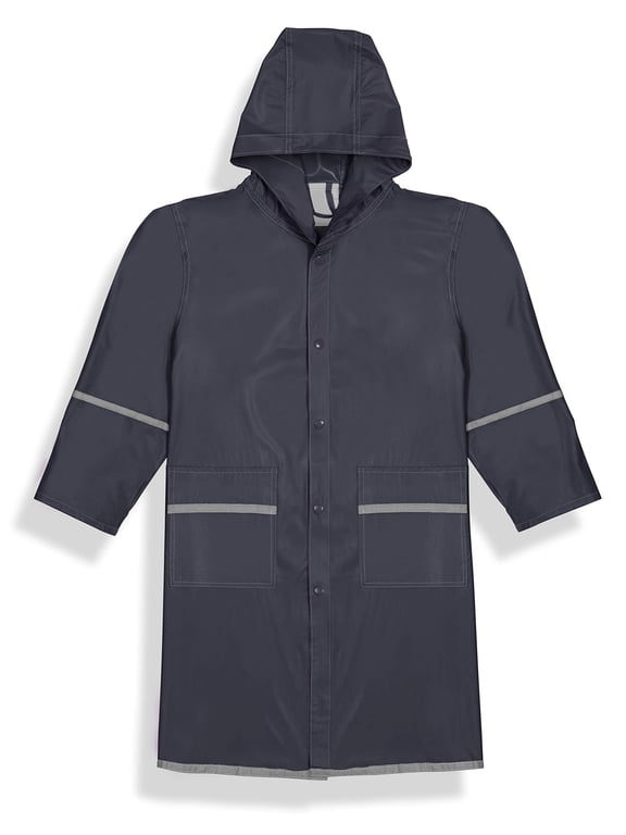 Kids Raincoat | Boys, Juniors, Youth Waterproof Rain Jacket | Snap-On Closures | Hooded and Long Sleeves with Reflectors | Full-Length Rain Slicker | Size: M (7-8) Color: Navy Blue