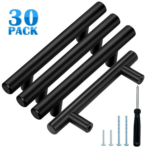 Fabulas 30 Pack Cabinet Handles, Black 3 Inch Hole Center Cabinet Drawer Pulls Stainless Steel Kitchen Hardware Handle