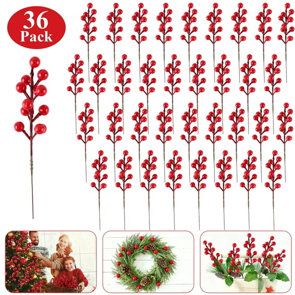 Fabulas 36 Pack Artificial Red Berry Stems, 8.46 Christmas Burgundy Berries Picks Christmas Tree Decorations Holly Berry Branches for Vase Filler Wreath Crafts Xmas Ornament Wedding Party Home Decor