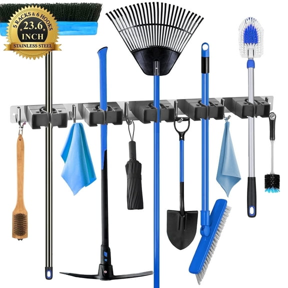 Fabulas Broom Holder Wall Mount Mop Hanger,5 Racks and 6& Hooks Broom Hanger Organizer Storage Tool for Home Garage