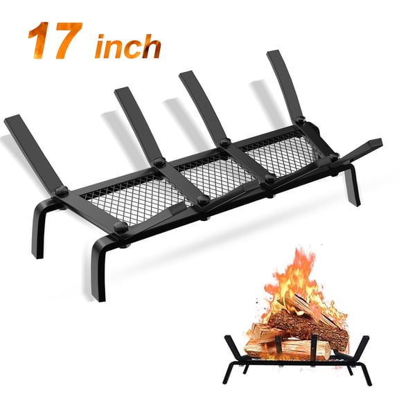 Fabulas 17 Inch Cast Iron Fireplace Grate with Ember Retainer, Heavy Duty Solid 1/2 Bar Firewood Log Holder for Indoor Fireplace, Outdoor Fire Pits, Chimney, Hearth, Wood Stove & Camping