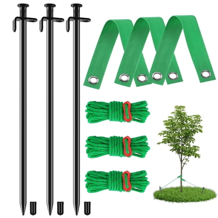 Fabulas Heavy Duty Tree Stakes Kits, 3 Pcs 11.8 Inch Steel Tree Stake and Supports Kits for Young Trees Straightening with 3 Pcs Support Straps and 3 Pcs 13.12ft Anchor Ropes Against Bad Weather