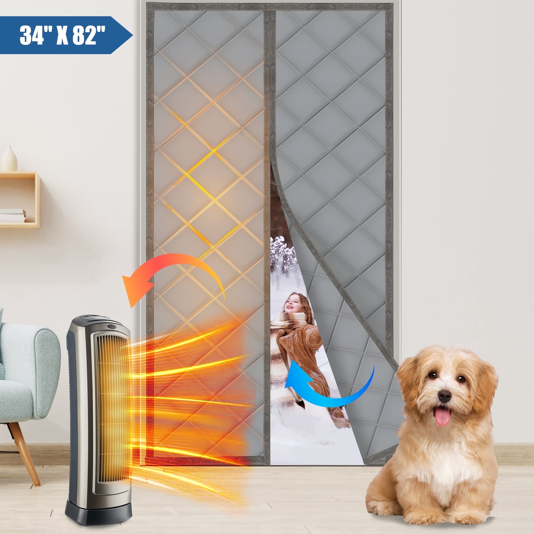 Fabulas Magnetic Thermal Insulated Door Curtain Fits Door Size 34" x 82", Upgraded Weatherproof Oxford Cloth Filled with Thicken Cotton, Strong Magnets Temporary Door Insulation Cover for Winter