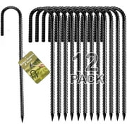 Fabulas Rebar Stakes 12 Inch, 12 Pack Rebar Stakes Heavy Duty Ground Anchors J Hook with Chisel Point End Galvanized Steel Anchors for Fence Landscape Trampolin