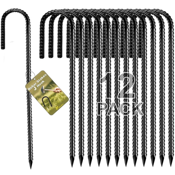 Fabulas 12 Pack Black 12 inch J Hook Rebar Stakes Galvanized Steel Ground Anchors for Fence and Tent