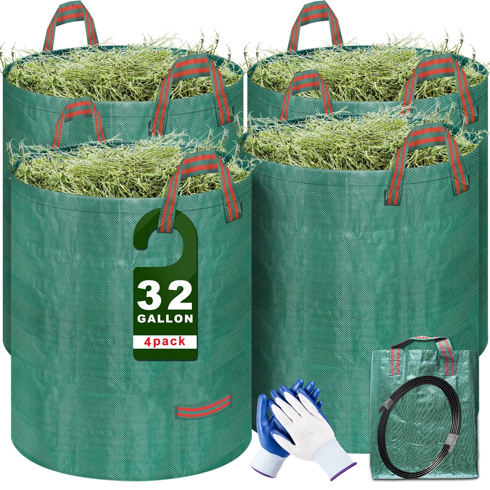 Fabulas Reusable Yard Waste Bags, 32 Gallons 4 Packs Lawn and Leaf Bags Heavy Duty with 4 Handles, Collapsible Yard Waste Containers Camping Yard Recycling Bag 