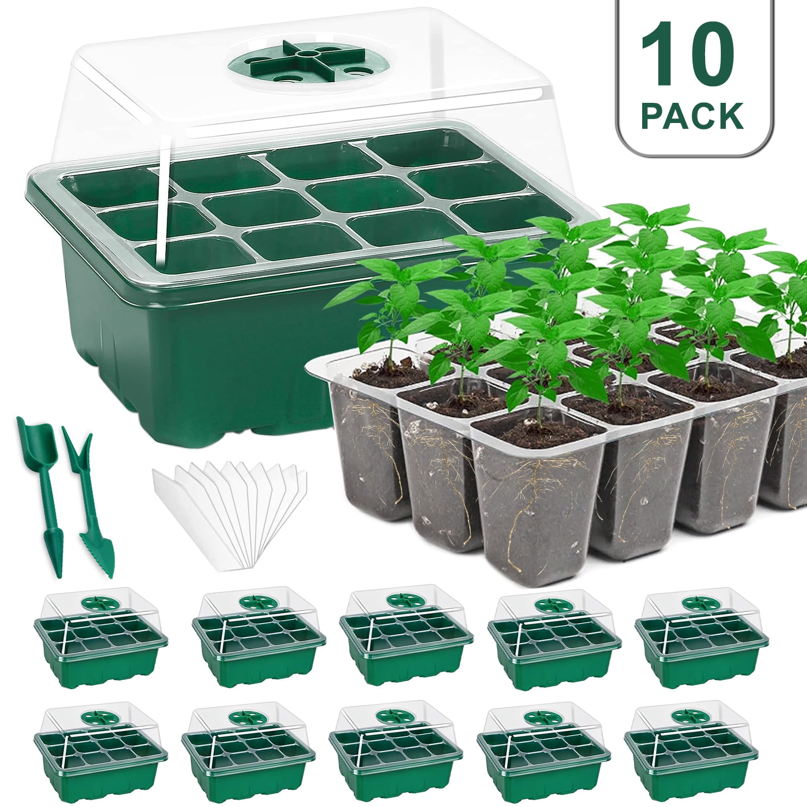 Fabulas Seed Starter Tray Kit, 10 Packs Seedling Starter Trays with Humidity Dome and Base, Reusable 120 Cells Plant Germination Trays for Mini Greenhouse Propa
