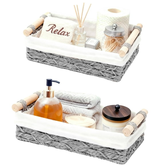 Fabulas Toilet Paper Storage Basket, Wicker Storage Baskets for Organizing, Paper Rope Organizer Bins for Toilet Tank Top, Countertop, and Home Storage (Set of 2, gray)