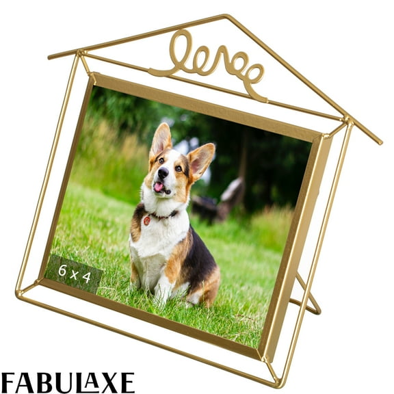 Fabulaxe 9x7-inch Decorative Gold Metal Floating Picture Frame for 4x6 Inches Horizontal Photos Easel Back for Home Office Living Room Bedroom Wedding Décor Tabletop Shelf Desk & Mantel Display