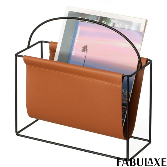 Fabulaxe Arch Gold-Tone Metal Magazine Rack with Brown Faux Leather Sling Freestanding Organizer for Magazines Newspapers & Files Chic Addition to Side Tables Entryways & Beside Your Favorite Chair