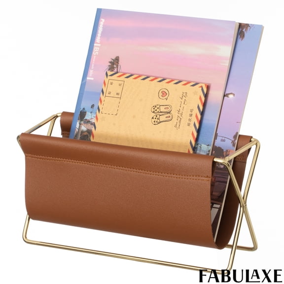 Fabulaxe Contemporary & Classic Gold-Tone Metal Magazine Holder Spacious Brown Faux Leather Compartments for Organizing Magazines Newspapers & Files Ideal in Living Rooms Offices and Reading Corners