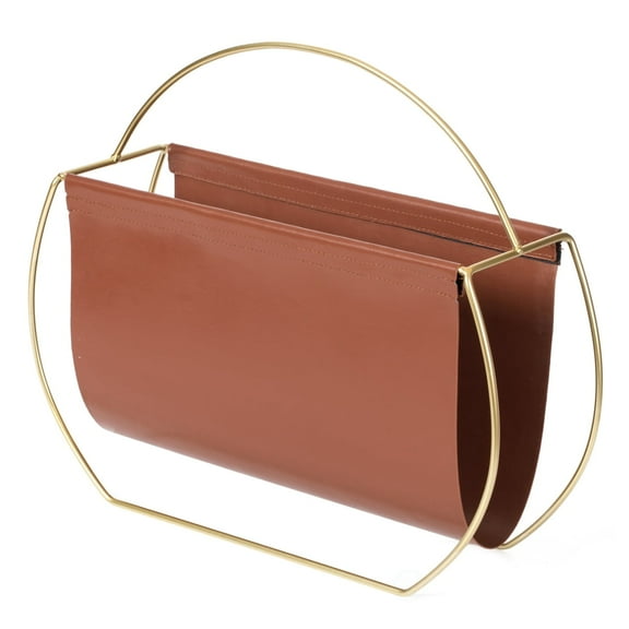 Fabulaxe Gold Metal and Brown Leather Modern Decorative Freestanding Magazine Book Rack Storage Holder