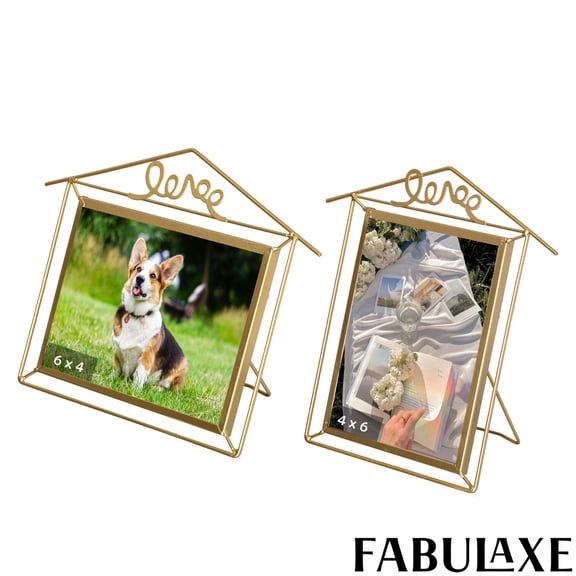 Fabulaxe Set of 2 Small Gold Metal Floating Picture Frames One Horizontal 7x9-inch Frame for 4x6 Photos & One Vertical 9x6-inch Frame for 6x4 Photos with Easel Backs for Home and Office Decoration