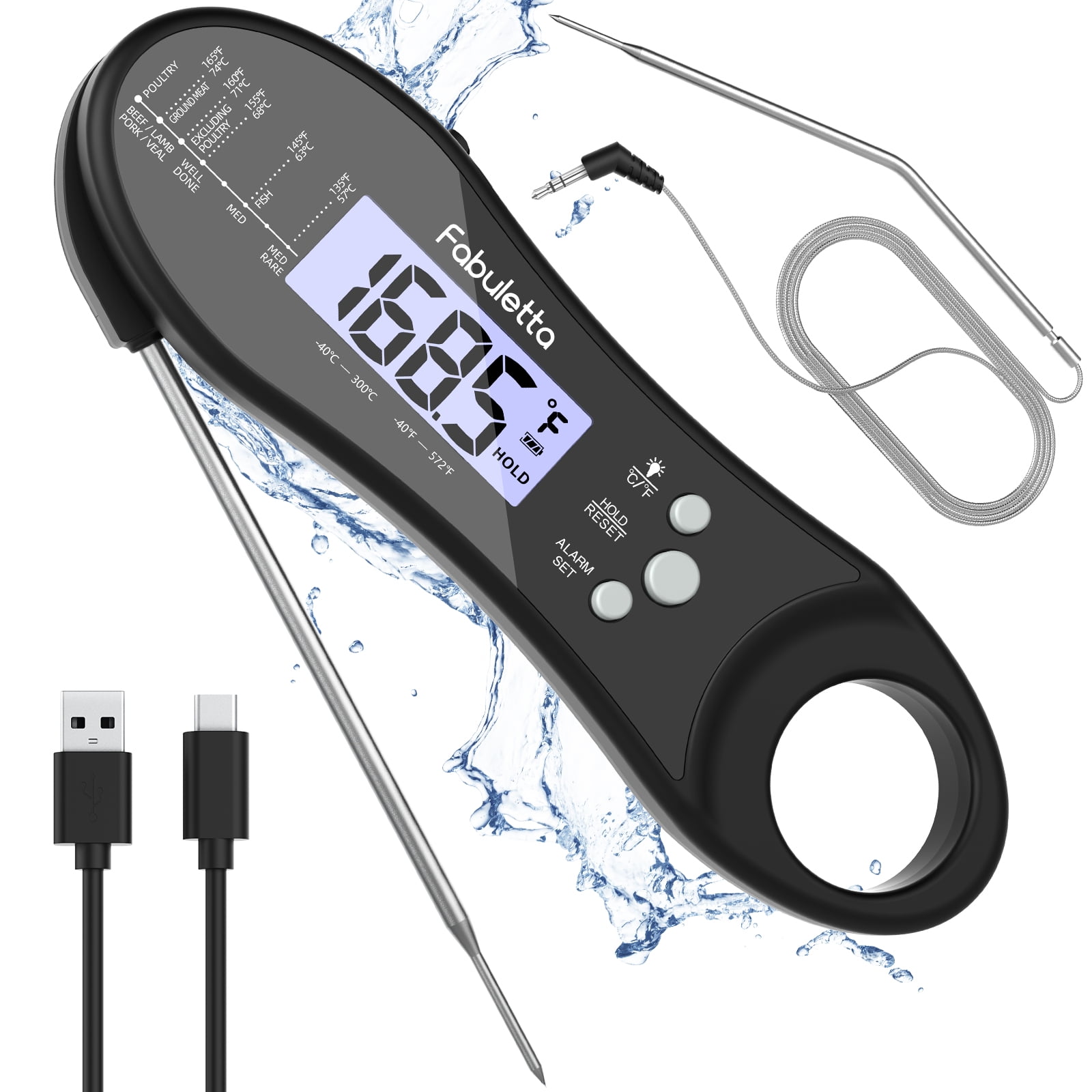 Meat Thermometer, HomLeaFac Dual Probe Digital Instant Read Food Thermometer with Alarm and Calibration Function, Large Backlit Screen Thermometer